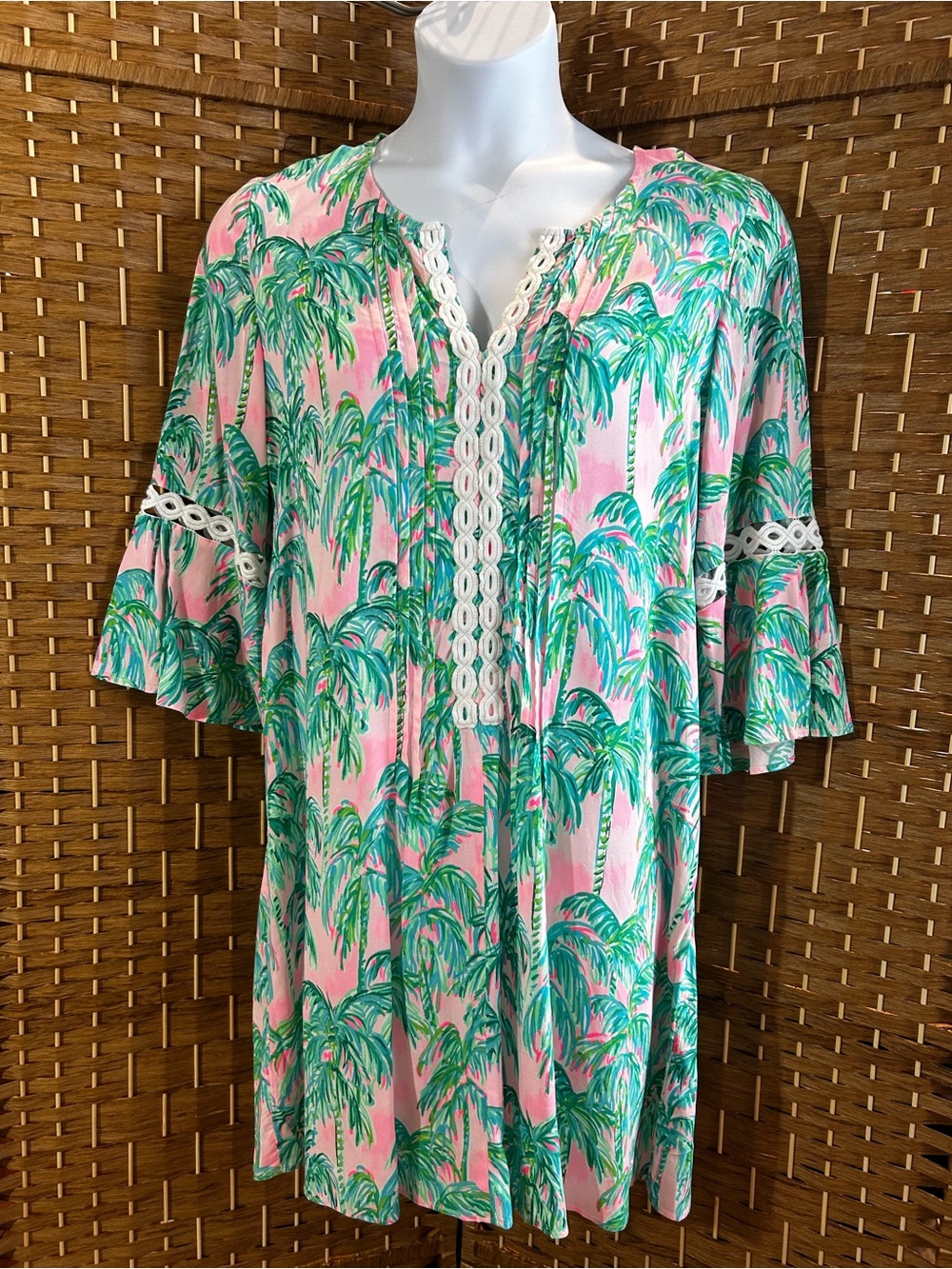 Lilly Pulitzer Hollie Tunic Dress Pink Blossom Suite Views Palm Print NWT L